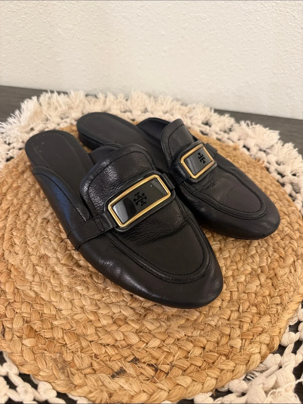 Tory Burch Black Leather Logo Mules Slides Gold Hardware 7.5M